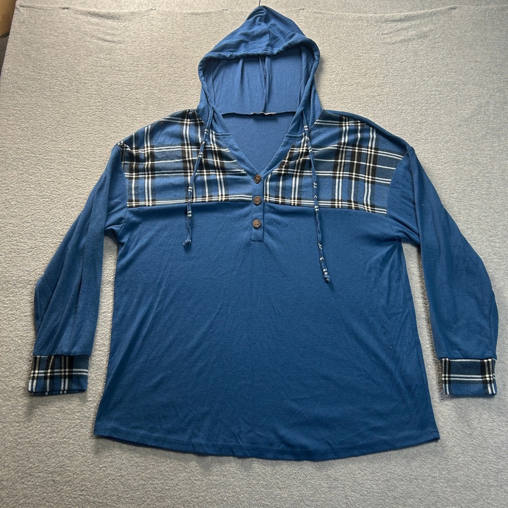 Unixseque Plaid Hooded Henley Top Womens XL Blue Long Sleeve Pullover Hoodie